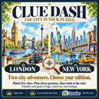 Clue Dash London and New York illustrated overview with city landmarks, a compass and the two game editions.