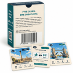 Back of the London Clue Dash box with Trafalgar Square, City Detective and Tower Bridge cards.