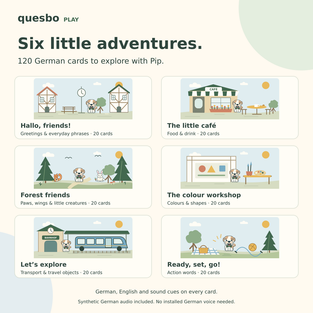 Six German adventures with Pip, with 20 cards each: greetings, food and drink, animals, colours and shapes, travel, and actions.