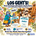 Los Geht's! illustrated overview with a pigeon greeting a raccoon baker and matching German situation and phrase cards.