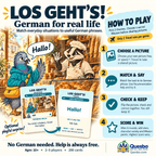 Los Geht's! how-to-play guide showing picture selection, matching and speaking German, checking pairs and scoring.