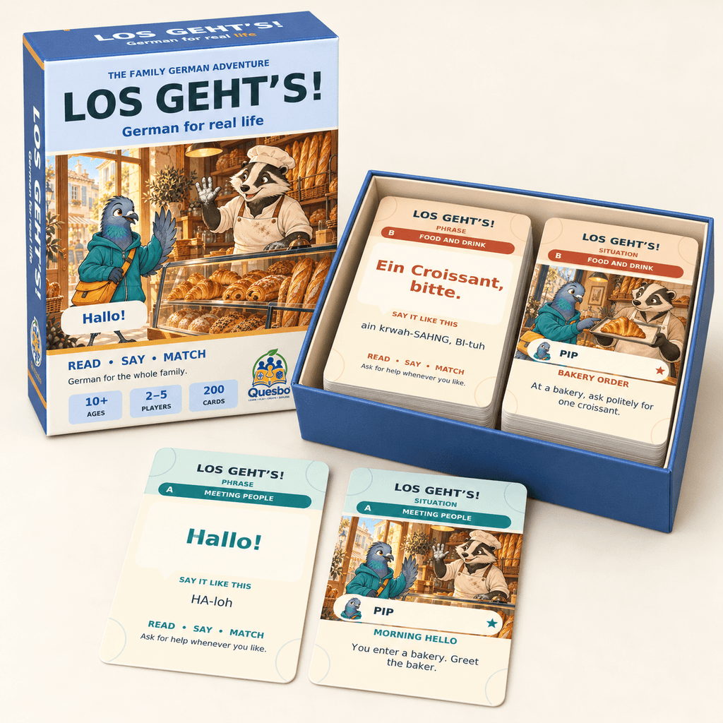 LOS GEHTS! – German Learning Card Game for Kids & Families - Quesbo