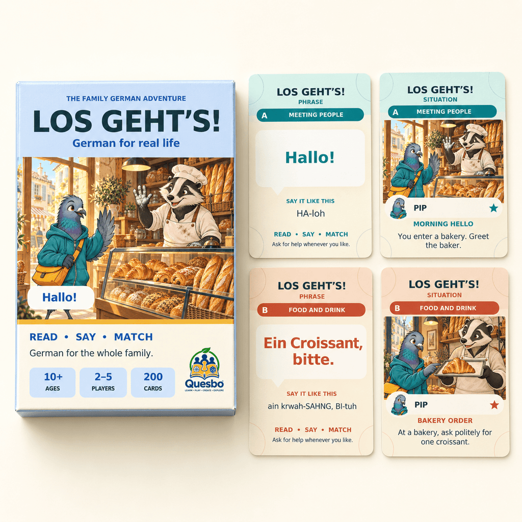 LOS GEHTS! – German Learning Card Game for Kids & Families - Quesbo