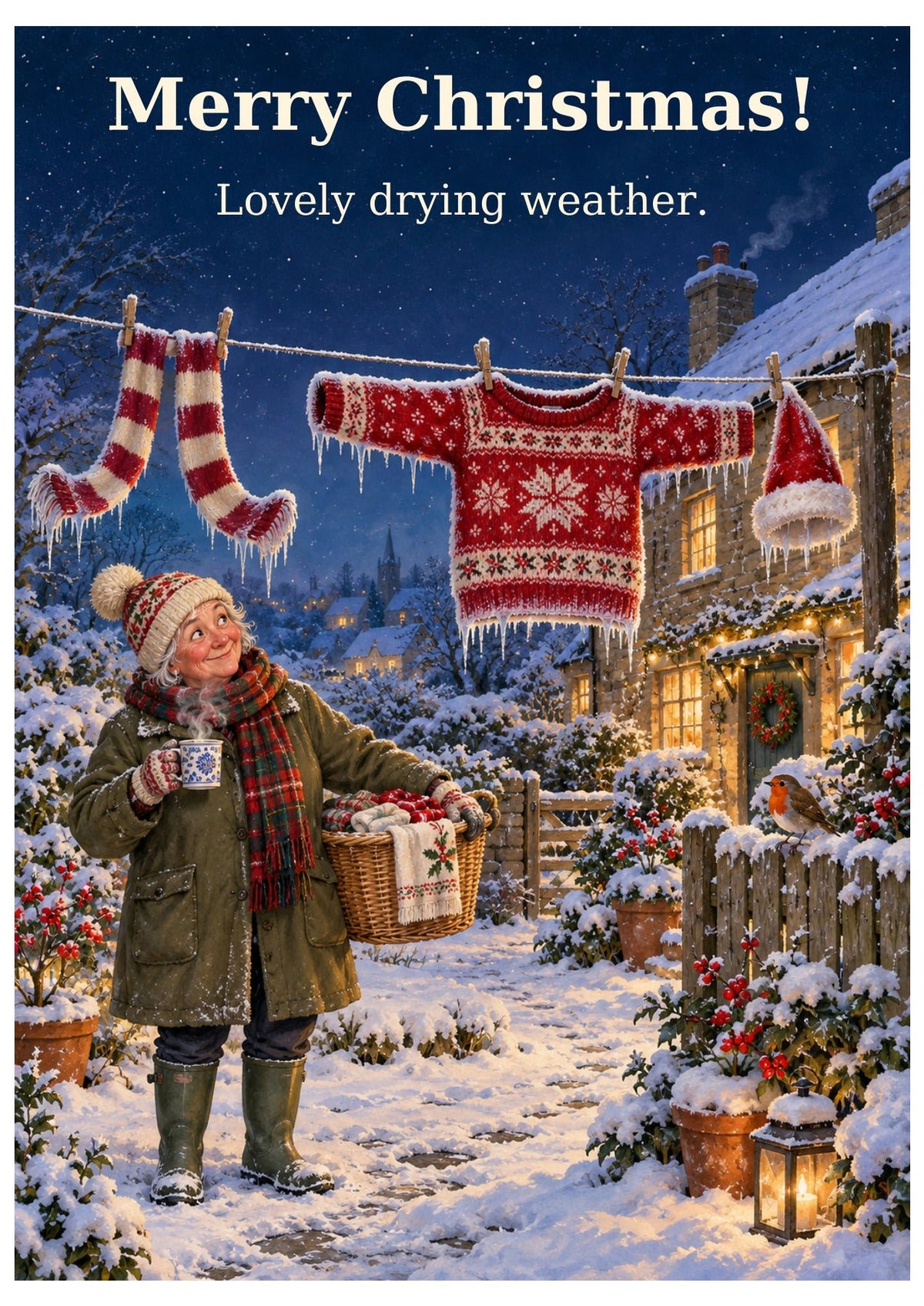 British Christmas weather card with “Merry Christmas!” and “Lovely drying weather.”