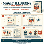 Magic Illusions how-to-play guide showing choosing a quest, remembering pictures, revealing hidden images and scoring.