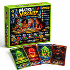 Market Mischief green game box with Buy, Sell, Market Up and Fake News cards arranged in front.