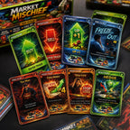 Close-up of Market Mischief Buy, Sell, Market Up, Freeze Out and other illustrated action cards.