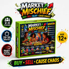 Market Mischief game box with player, duration and age icons and the slogan 'Buy, sell, cause chaos'.