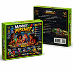Market Mischief game packaging shown from the front and back, with colourful trading artwork and rules on the box.