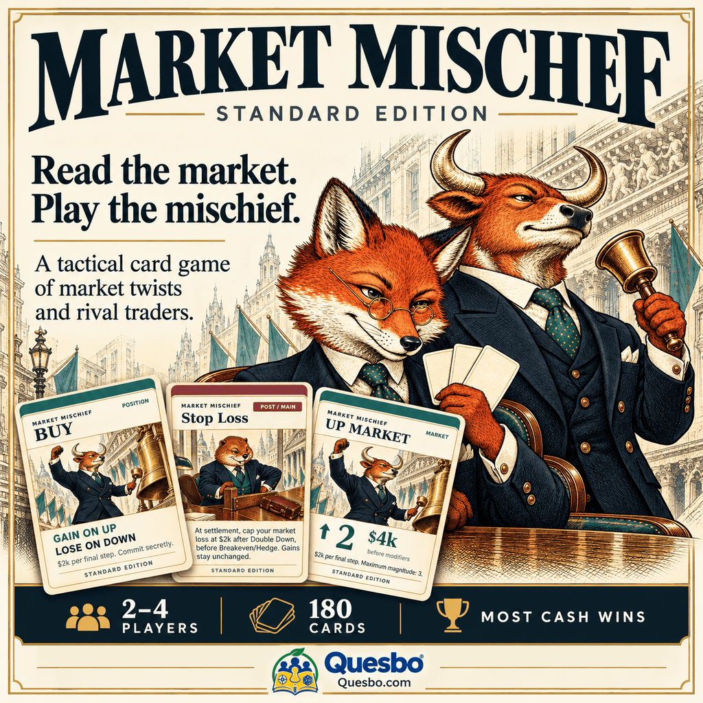Market Mischief – Standard Edition | Stock Market Strategy Card Game | Ages 14+ - Quesbo