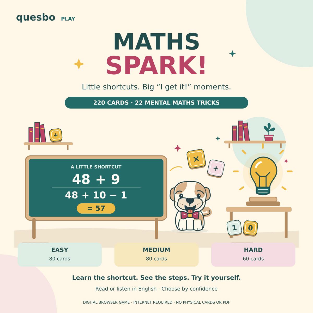 Maths Spark by Quesbo Play — 220 mental maths trick cards in Easy, Medium and Hard levels.