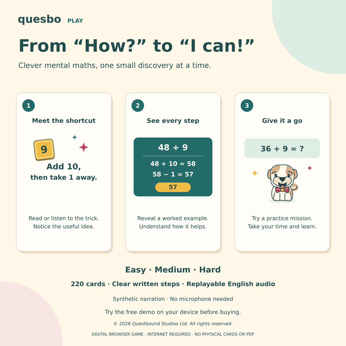 How Maths Spark works: choose a level, learn a shortcut, practise short missions and collect technique badges.