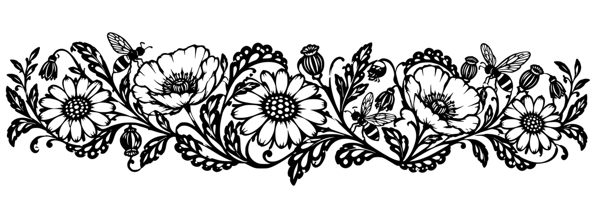Meadow Lace black-and-white wrap engraving artwork showing lace-inspired flowers, leaves and bees; design only