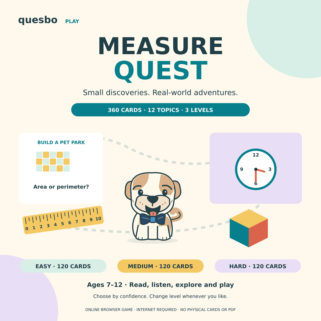 Measure Quest by Quesbo Play: 360 visual measurement and geometry cards, twelve topics and three difficulty levels for ages seven to twelve.