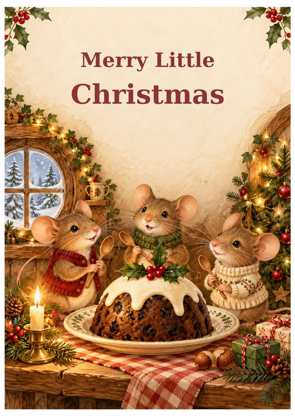 Three mice gathered around a Christmas pudding in a cosy room, with Merry Little Christmas lettering.