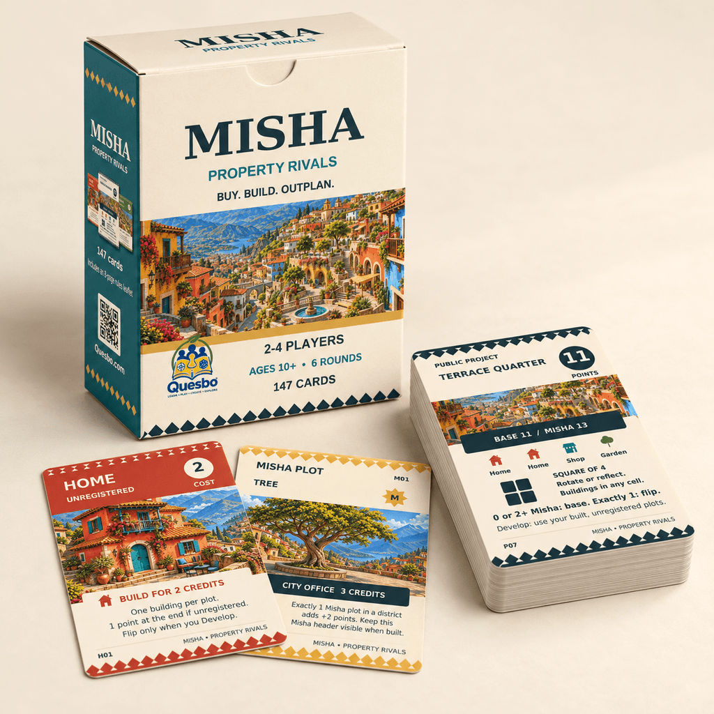 MISHA Property Rivals | Family Strategy Card Game | Ages 10+ - Quesbo
