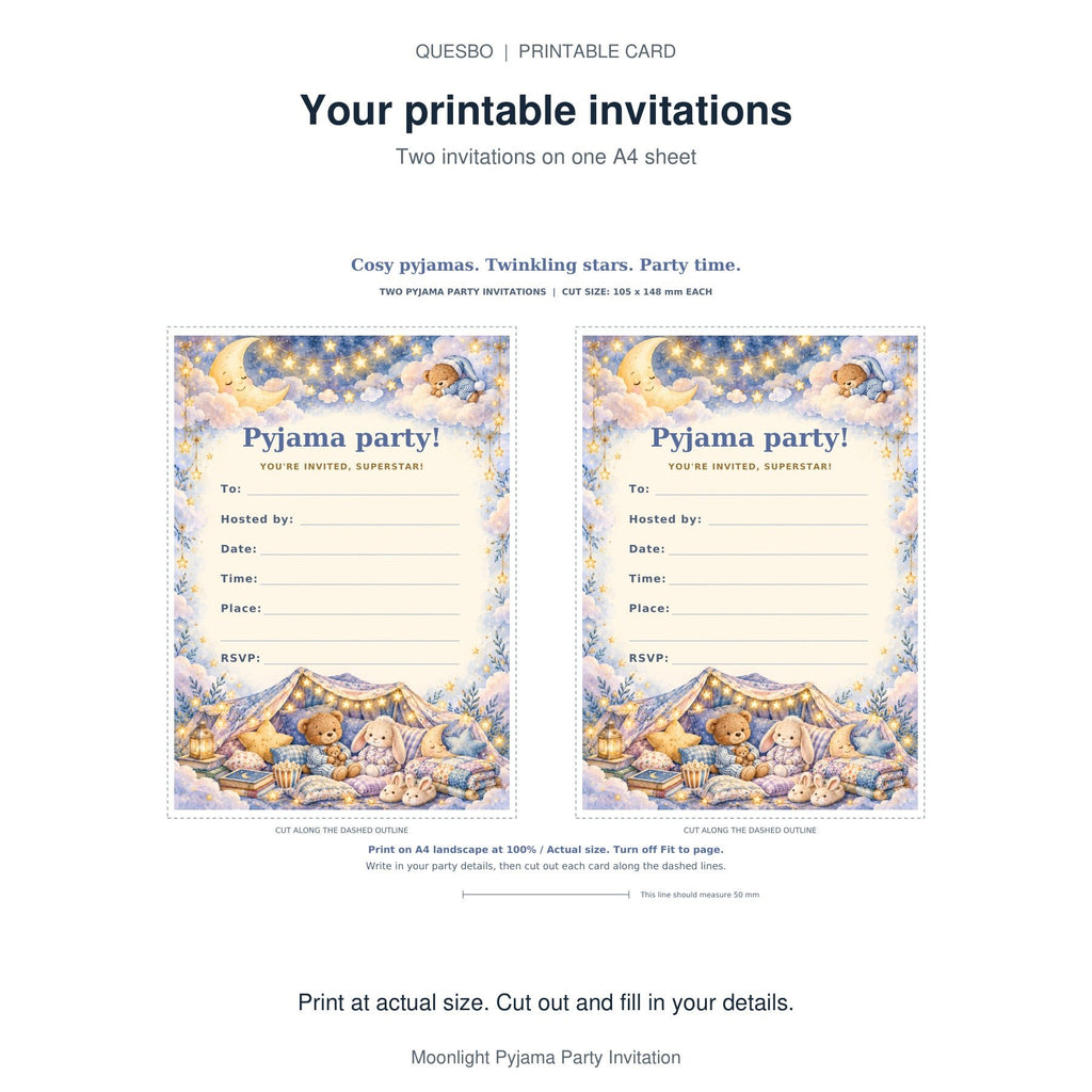 PDF print layout for Moonlight Pyjama Party Invitation, showing two invitations and the wording and blank event-detail fields.