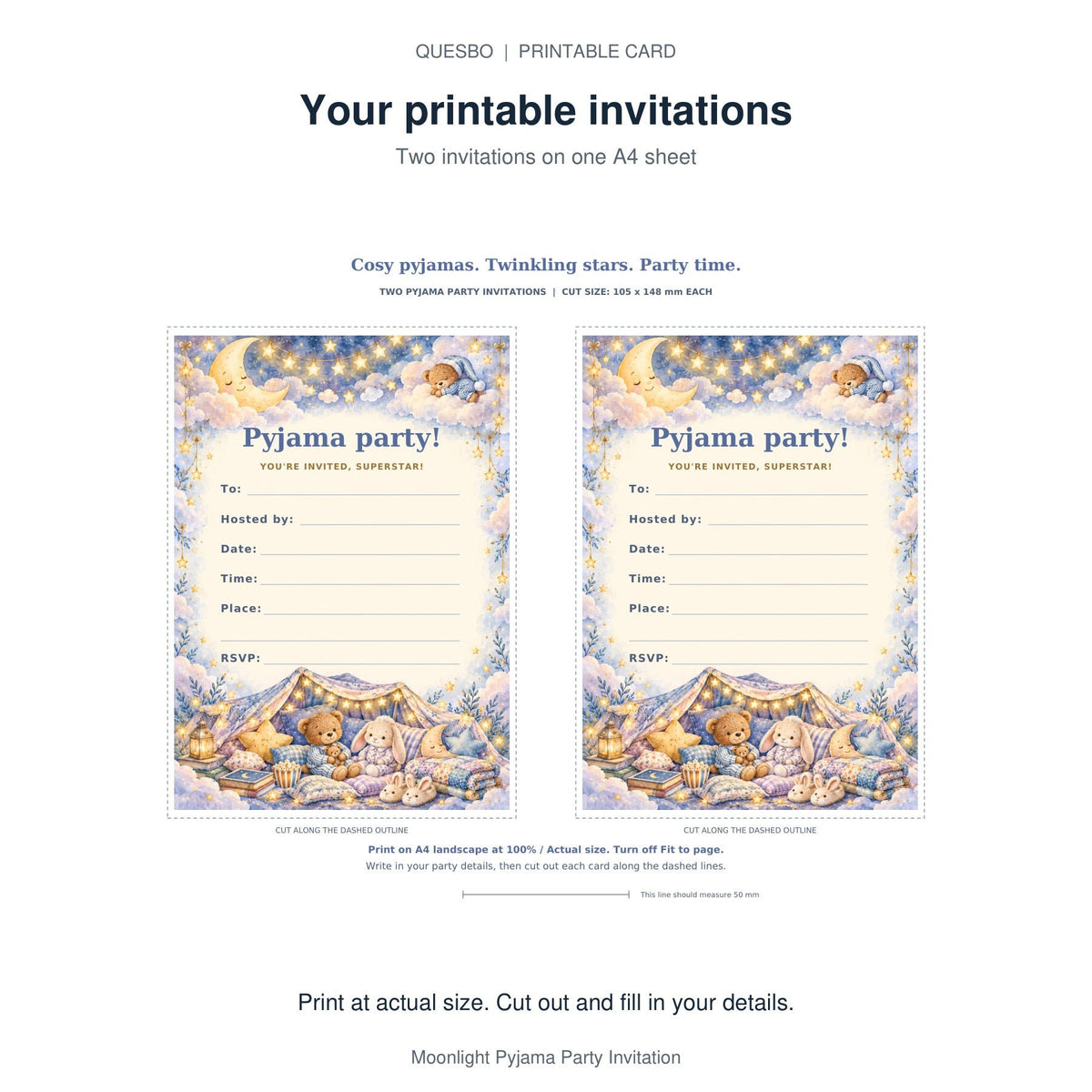 PDF print layout for Moonlight Pyjama Party Invitation, showing two invitations and the wording and blank event-detail fields.