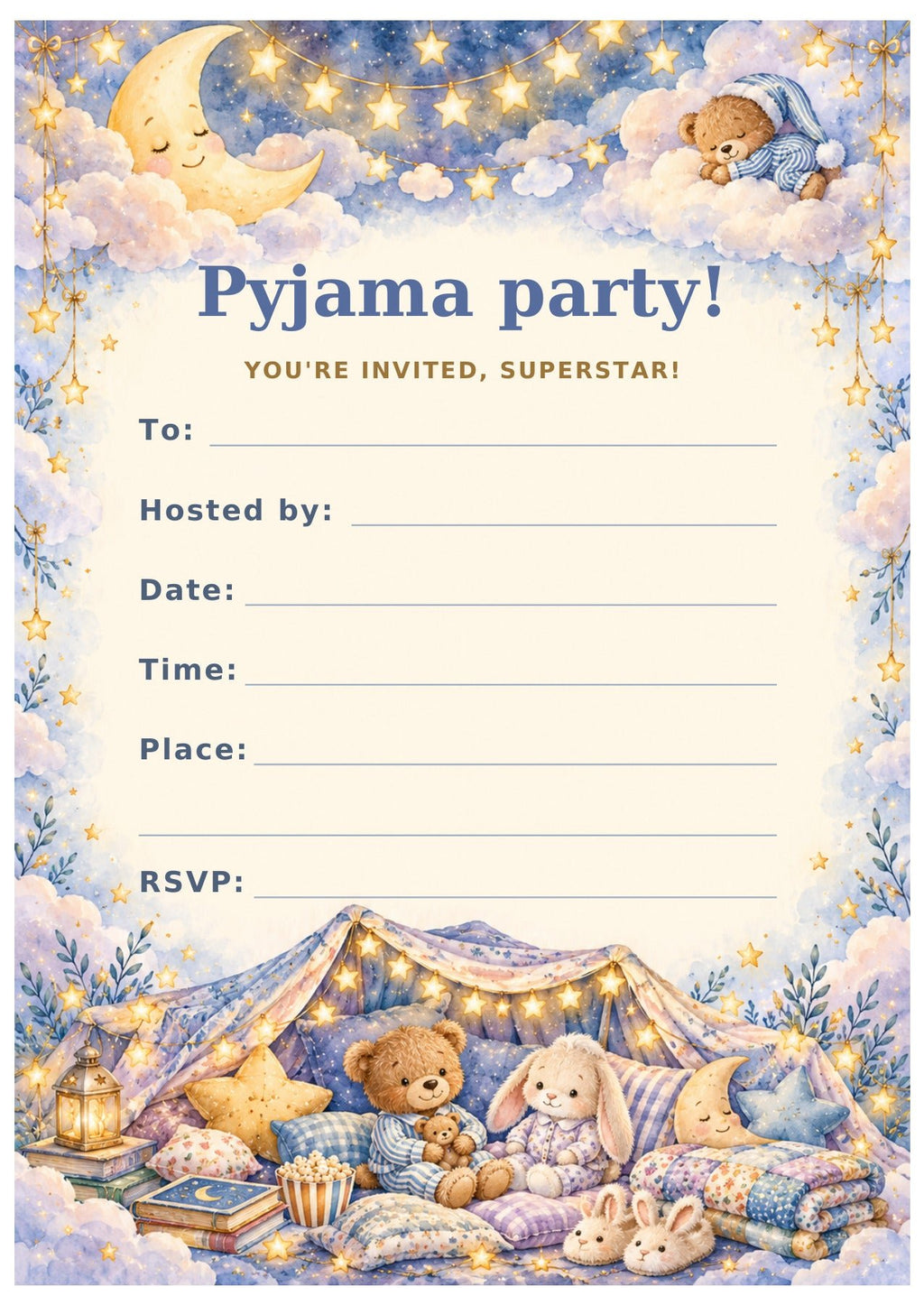 Moonlight Pyjama Party invitation with a crescent moon, stars, cuddly toys and blank party-detail fields.