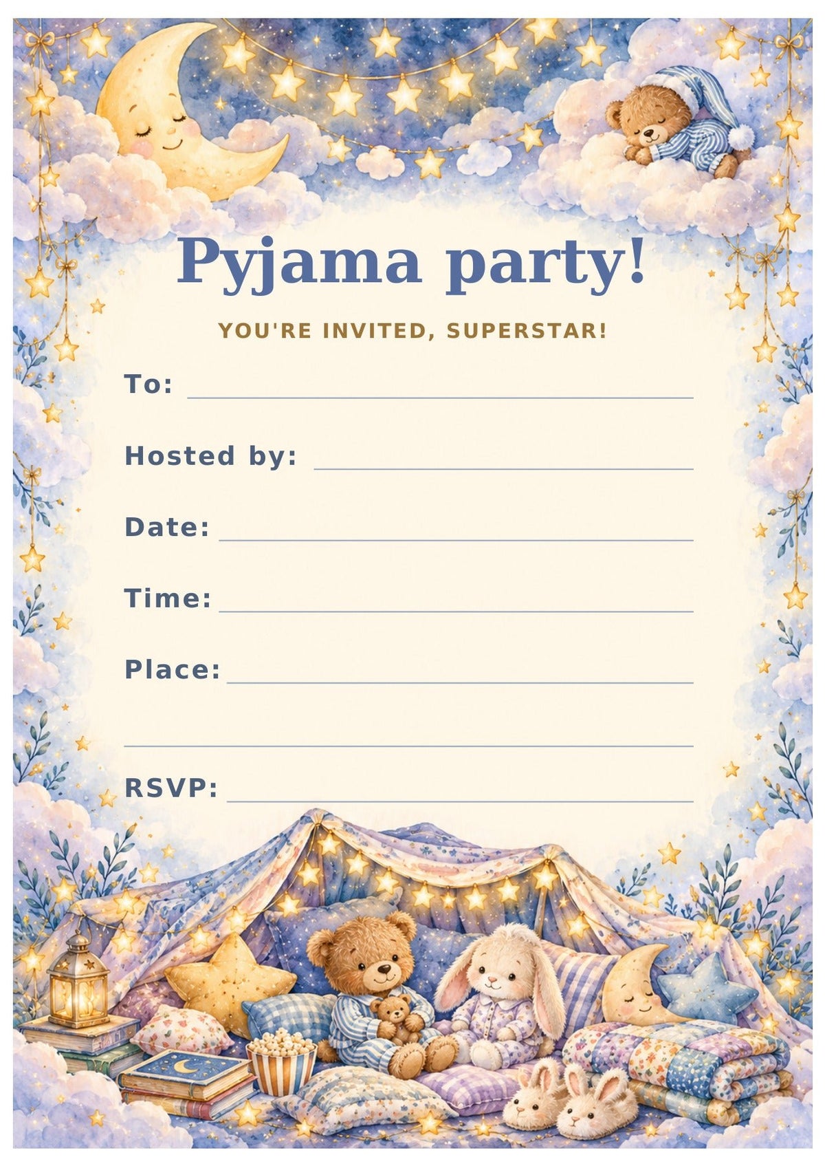 Moonlight Pyjama Party invitation with a crescent moon, stars, cuddly toys and blank party-detail fields.