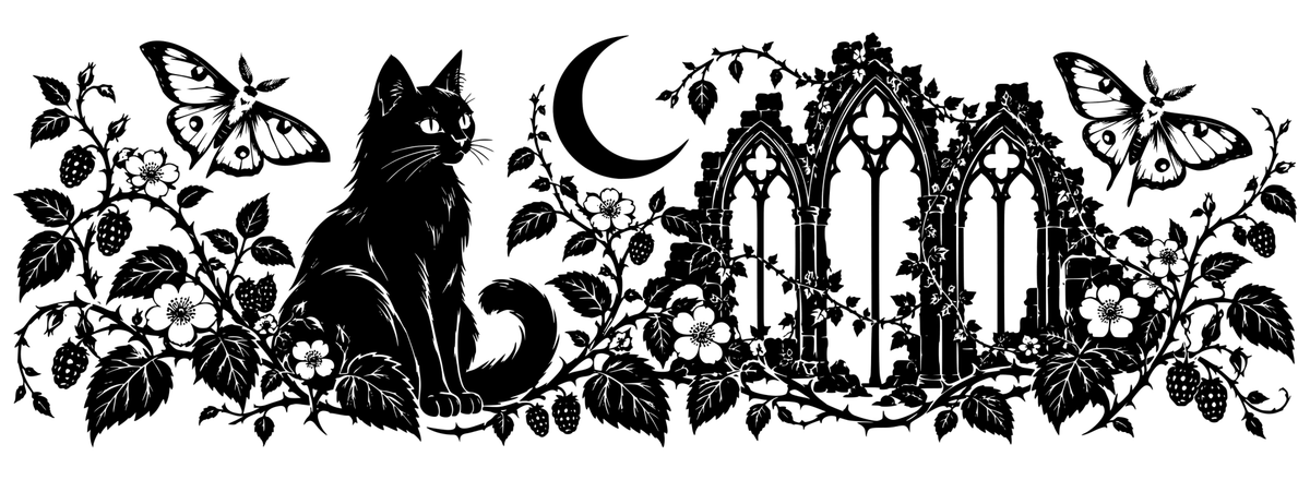 Moonlit Abbey & Bramble — flat black-and-white panoramic laser engraving artwork. A black cat, pointed abbey-window silhouettes, brambles and moths beneath the moon in a British gothic garden.