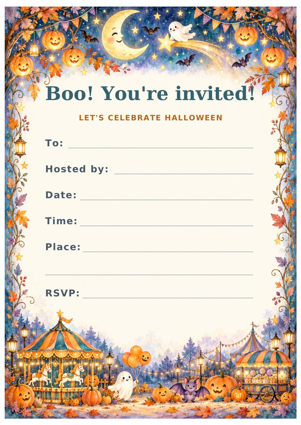 Halloween invitation with Boo! You’re invited! lettering, a crescent moon, pumpkins and carnival tents.