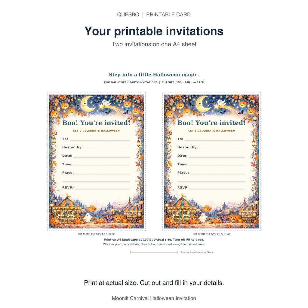 PDF print layout for Moonlit Carnival Halloween Invitation, showing two invitations and the wording and blank event-detail fields.
