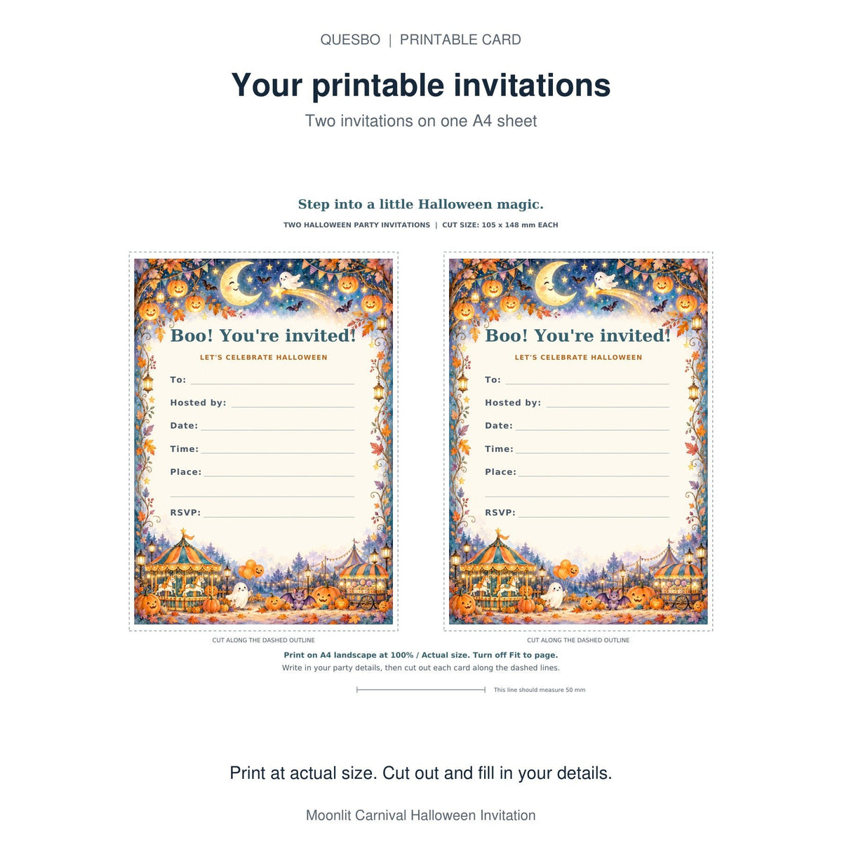 PDF print layout for Moonlit Carnival Halloween Invitation, showing two invitations and the wording and blank event-detail fields.