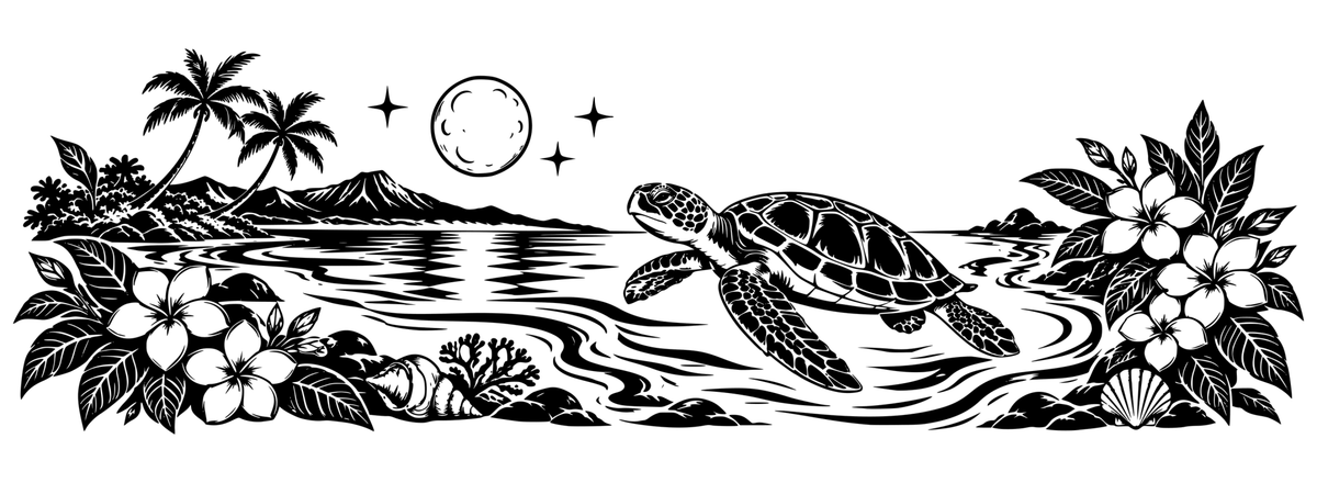 Moonlit Honu Lagoon: black-and-white panoramic laser engraving artwork, design only.