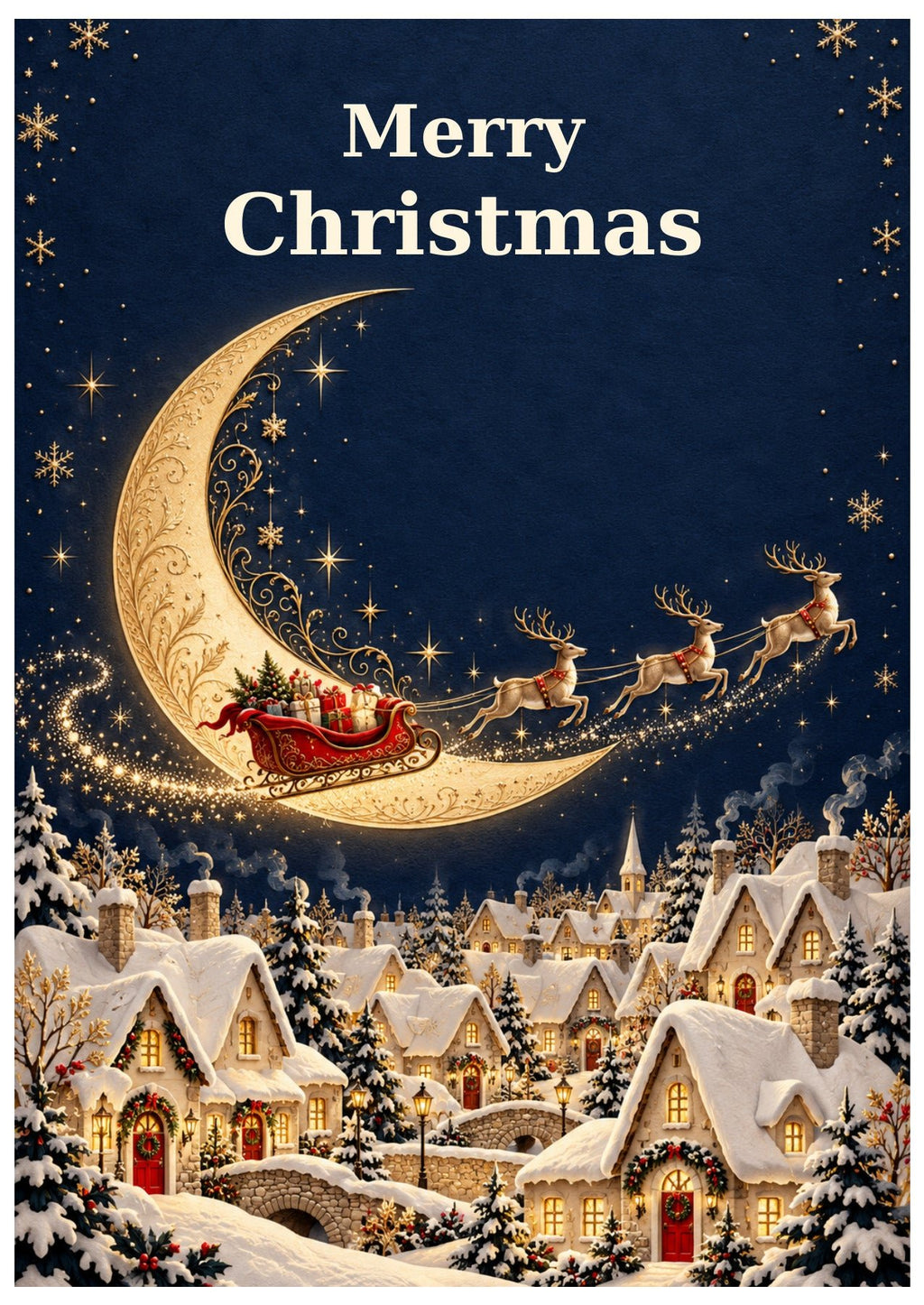 Santa’s sleigh and reindeer beside a golden crescent moon over a snowy village, with Merry Christmas lettering.