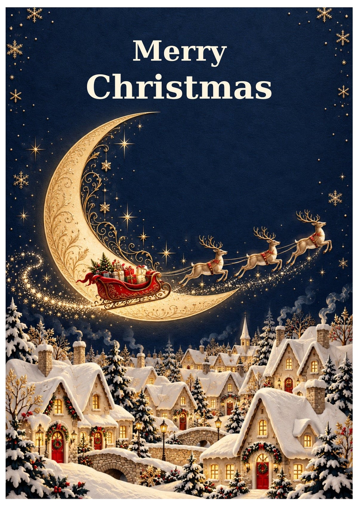 Santa’s sleigh and reindeer beside a golden crescent moon over a snowy village, with Merry Christmas lettering.