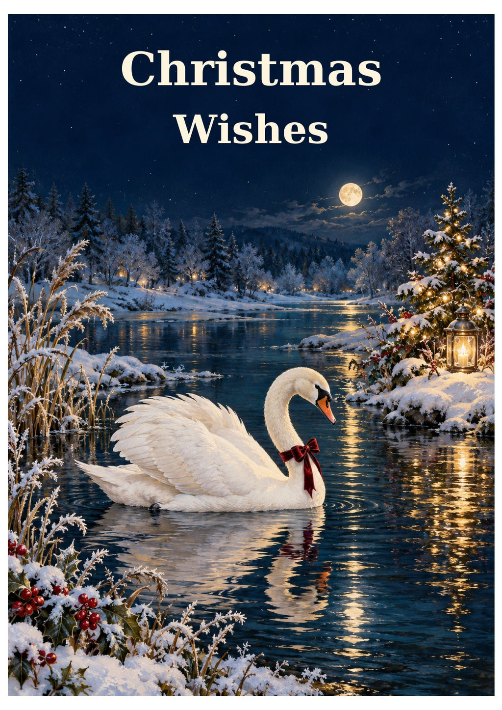 Moonlit swan Christmas card with Christmas Wishes lettering.