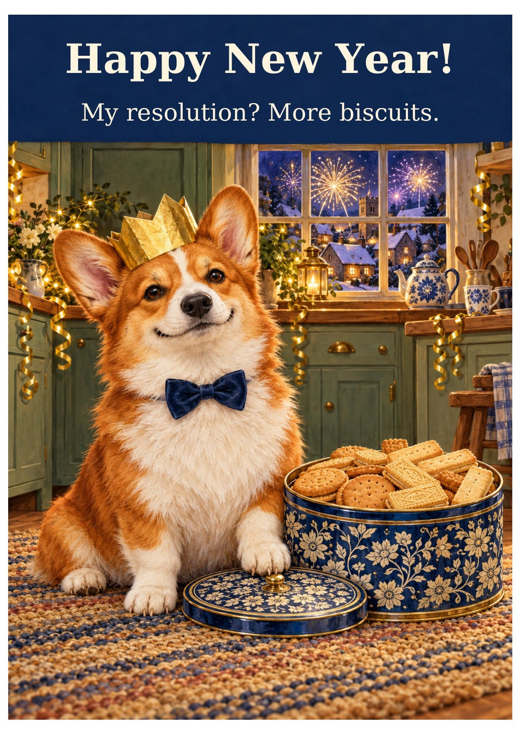 Biscuit themed New Year card with “Happy New Year!” and “My resolution? More biscuits.”
