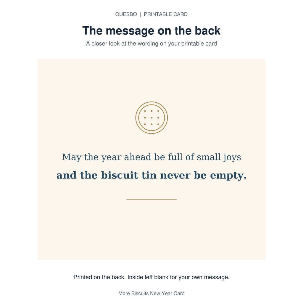 Printed message on the back of the PDF card: May the year ahead be full of small joys and the biscuit tin never be empty. The inside is blank for your own handwritten message.