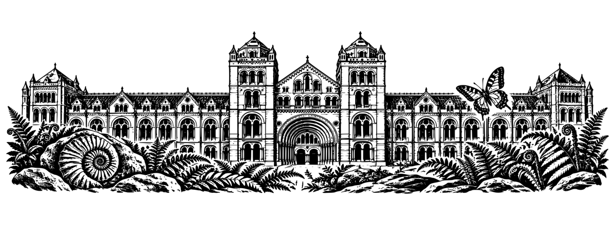 Natural History Explorers: black-and-white panoramic laser engraving artwork, design only.