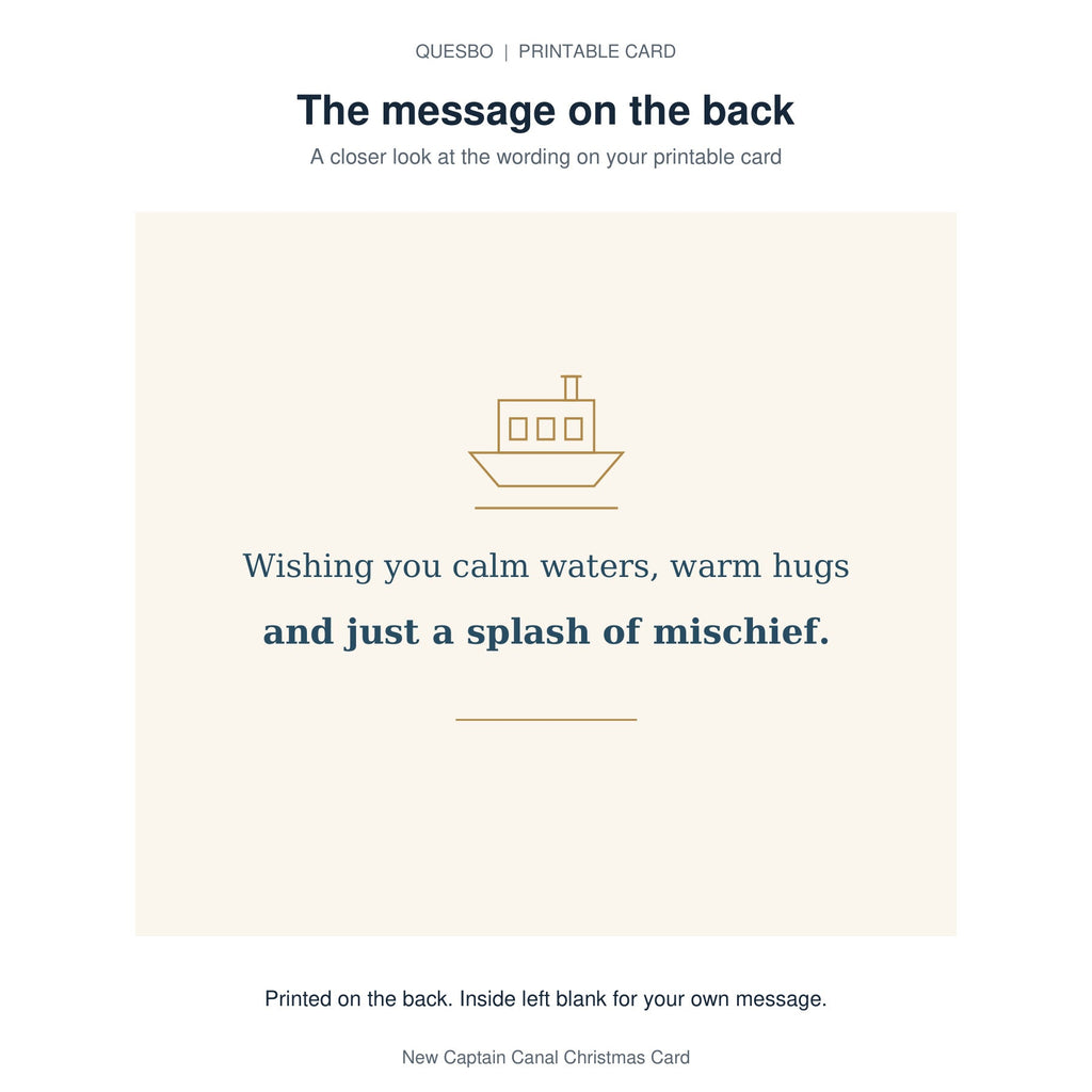 Printed message on the back of the PDF card: Wishing you calm waters, warm hugs and just a splash of mischief. The inside is blank for your own handwritten message.