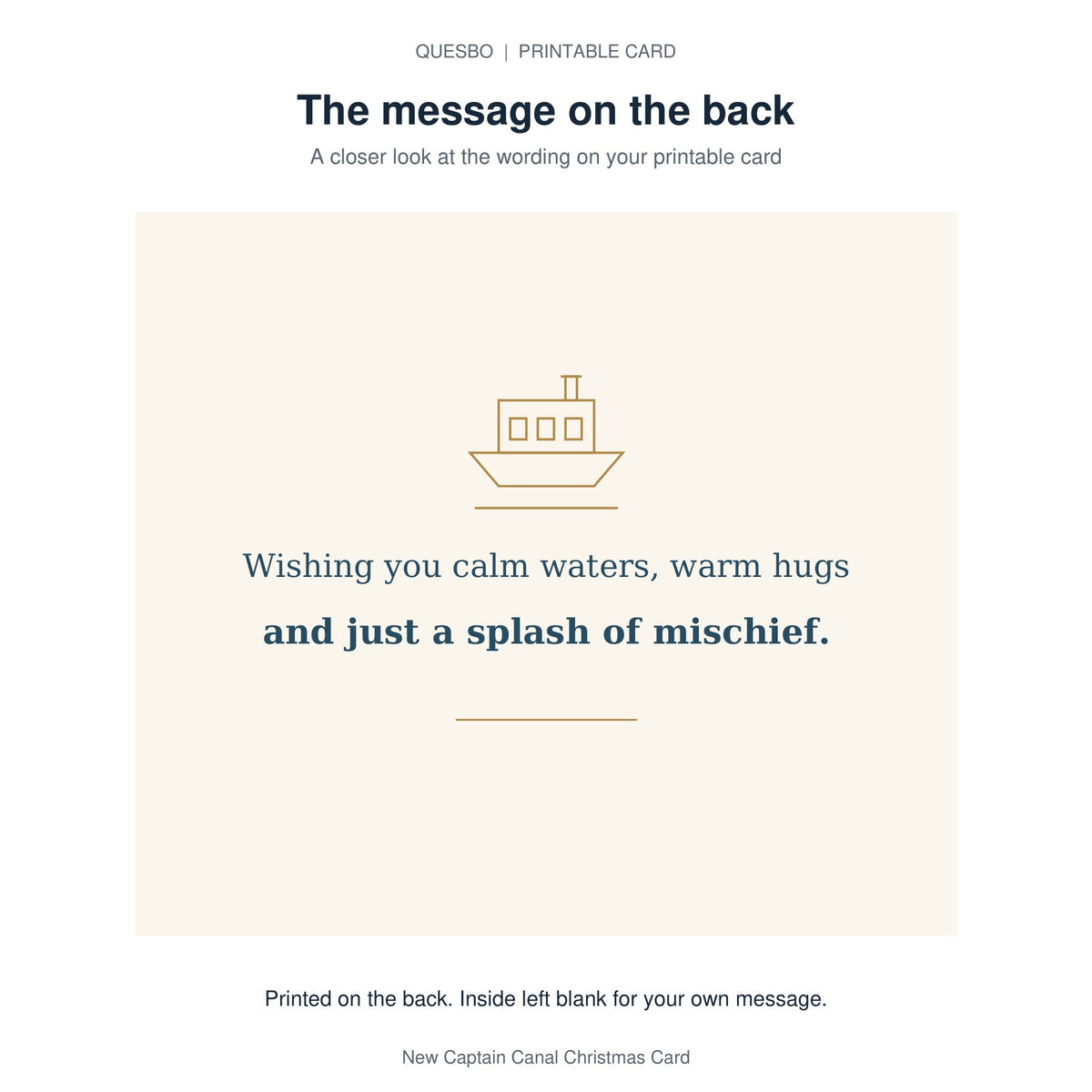 Printed message on the back of the PDF card: Wishing you calm waters, warm hugs and just a splash of mischief. The inside is blank for your own handwritten message.