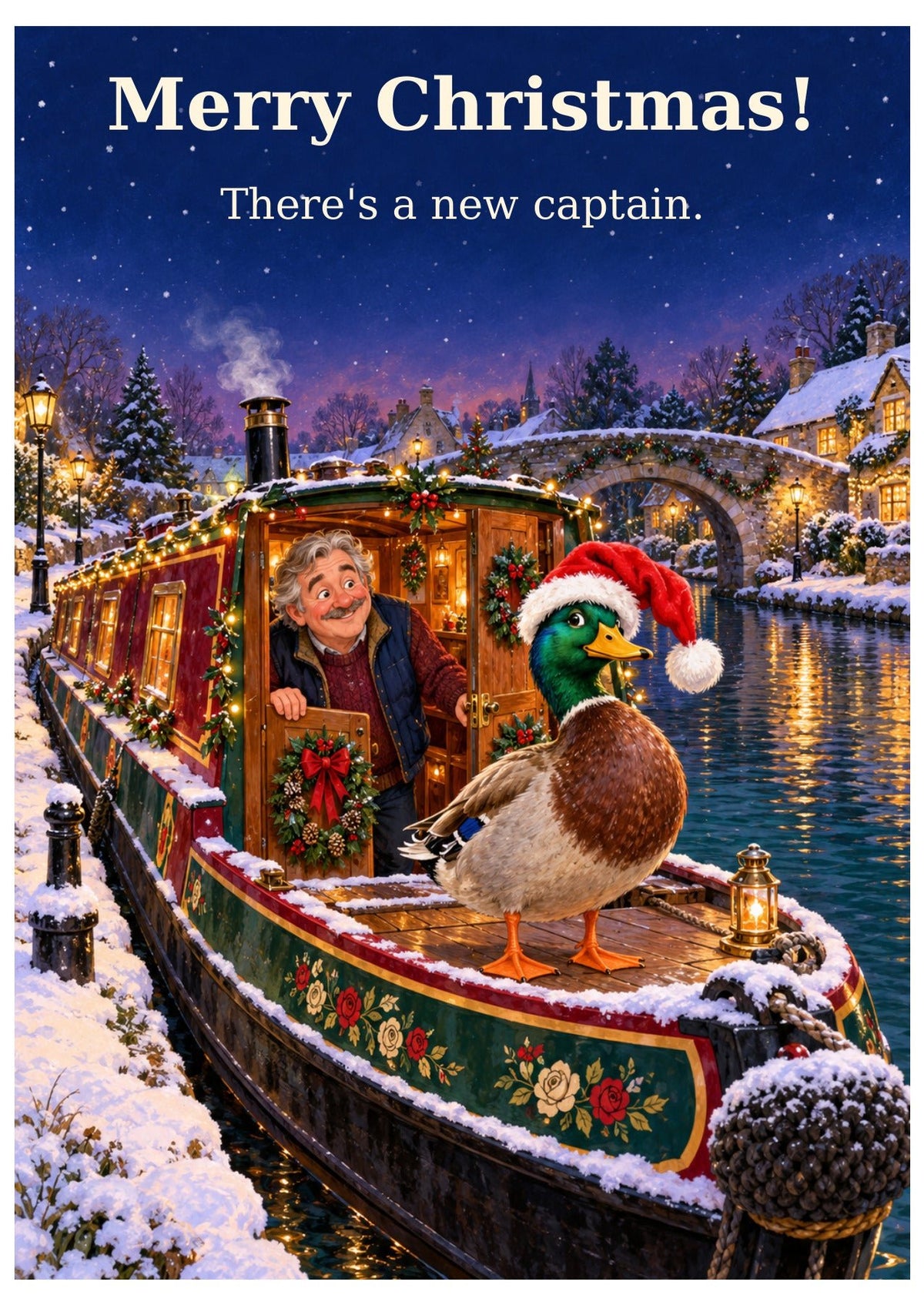 British canal Christmas card with “Merry Christmas!” and “There’s a new captain.”