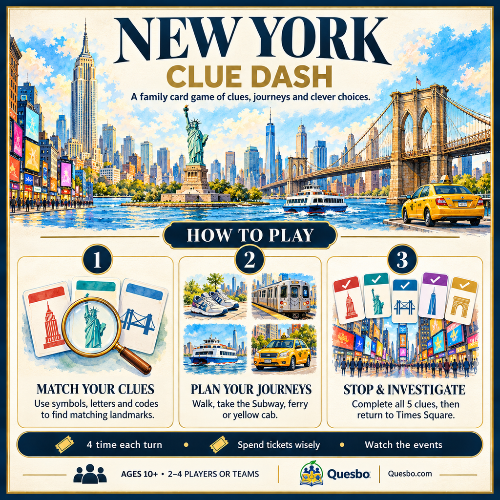 New York Clue Dash how-to-play guide illustrating matching clues, planning journeys and investigating city landmarks.