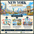 New York Clue Dash how-to-play guide illustrating matching clues, planning journeys and investigating city landmarks.