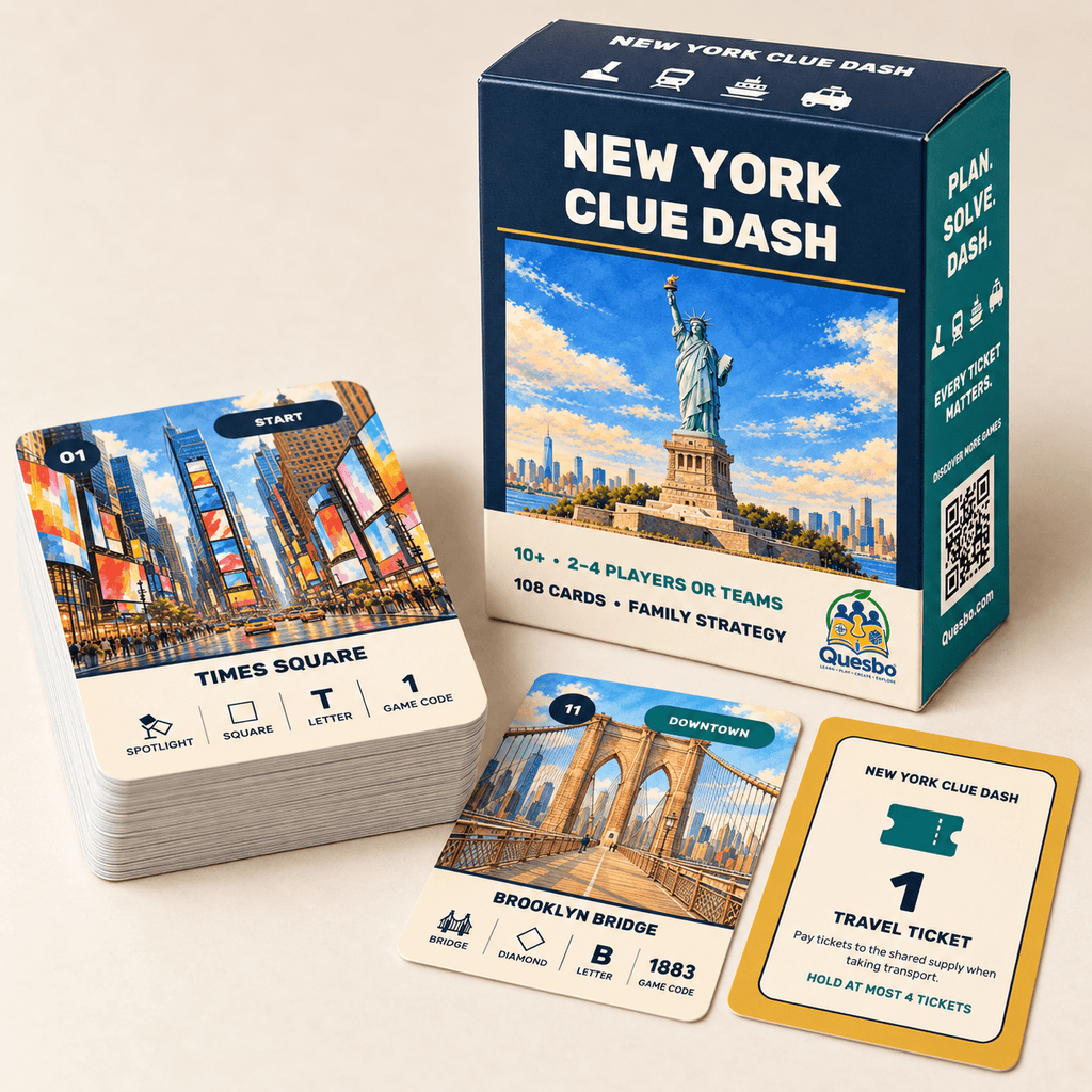 New York Clue Dash box and Times Square deck beside Brooklyn Bridge and travel ticket cards.