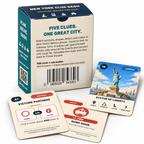 Back of the New York Clue Dash box beside Picture Partners, Rush Hour and Statue of Liberty cards.