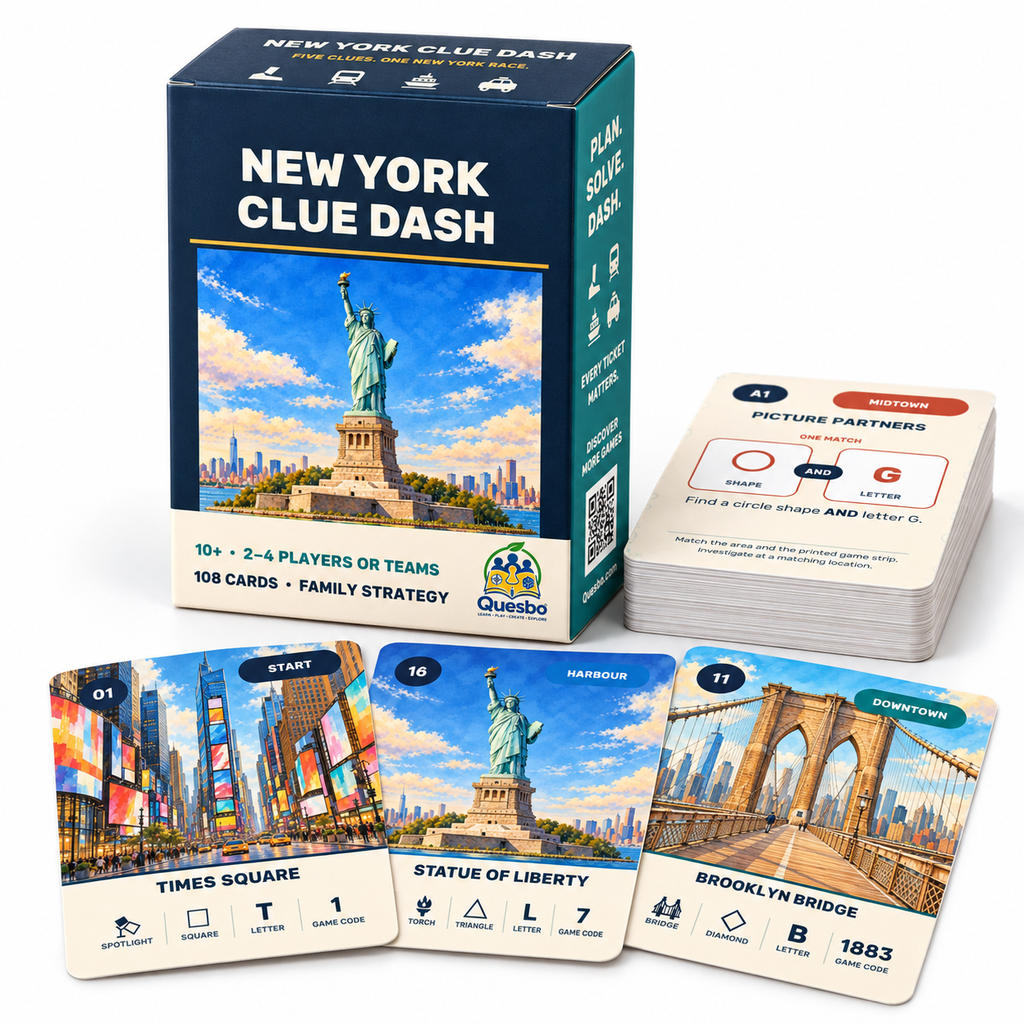 New York Clue Dash box and deck with Times Square, Statue of Liberty and Brooklyn Bridge landmark cards.