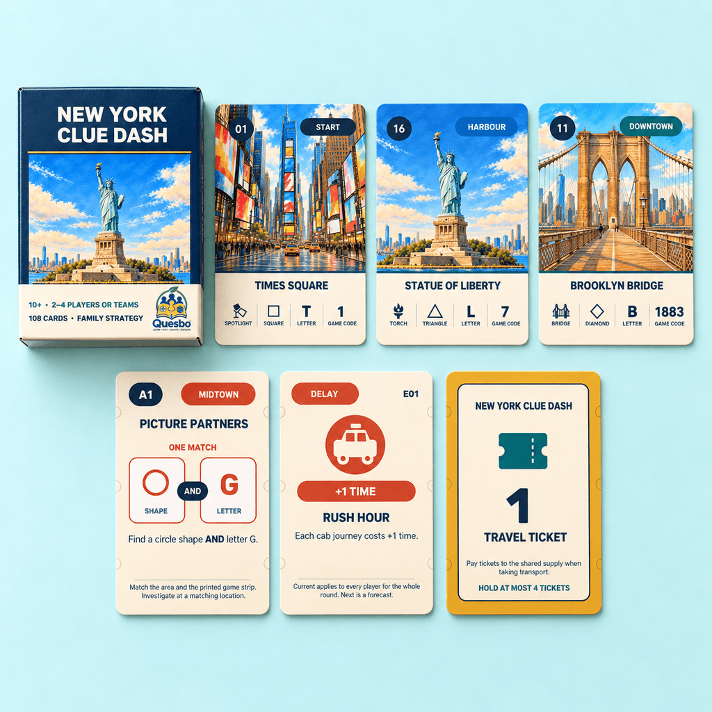 New York Clue Dash box with landmark cards, a Picture Partners clue, Rush Hour event and travel ticket.