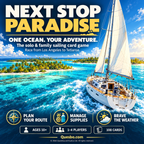 Next Stop Paradise illustrated overview with a yacht sailing past tropical islands and route, supply and weather icons.