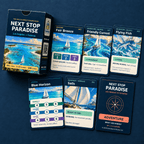 Next Stop Paradise box with weather and event cards, a Blue Horizon boat card, Sails card and an adventure card back.
