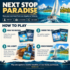 Next Stop Paradise how-to-play guide showing weather reading, choosing two jobs, sailing and reaching paradise.