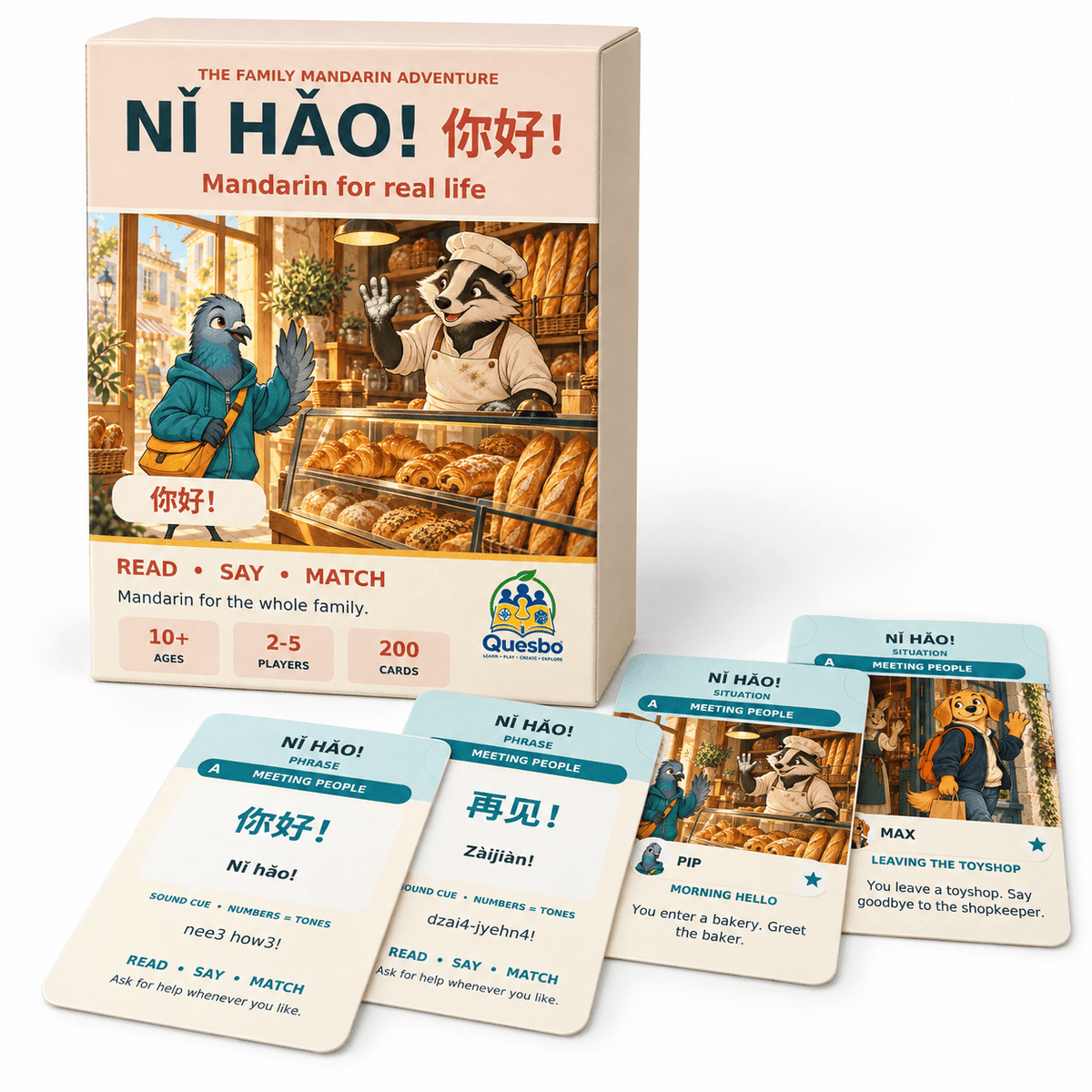 NǏ HǍO! Mandarin card game box with greeting and illustrated scenario cards displayed on white.