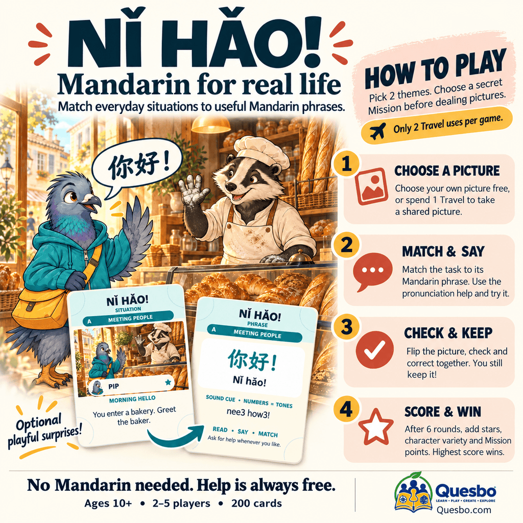 NǏ HǍO! how-to-play guide showing picture matching, speaking Mandarin phrases, checking cards and scoring.
