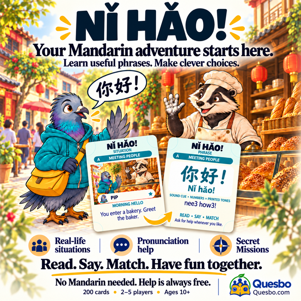 NǏ HǍO! illustrated game overview with a bird greeting a raccoon, Mandarin cards and game features.